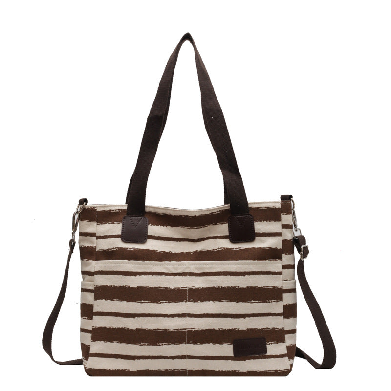 Women Striped Canvas Shoulder Bag Large Storage Handbags