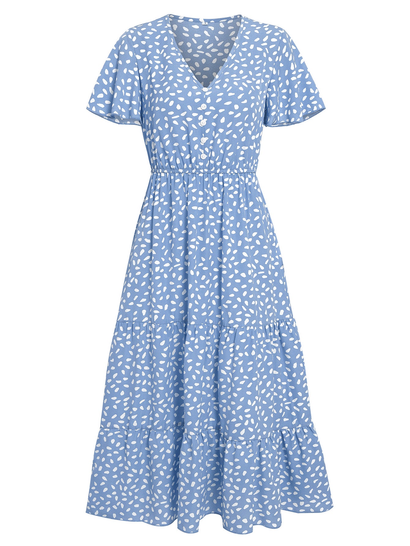 Women Polka Dot Summer Long Dress V Neckline Layered HEM High Waist