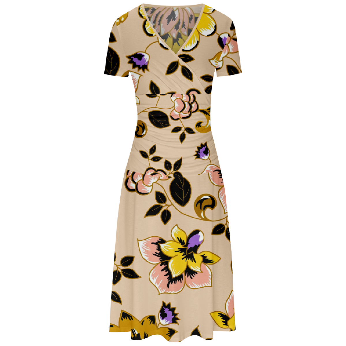 Women Flower Vintage Bodycon Dress Slim Waistline Short Sleeve V Neckline