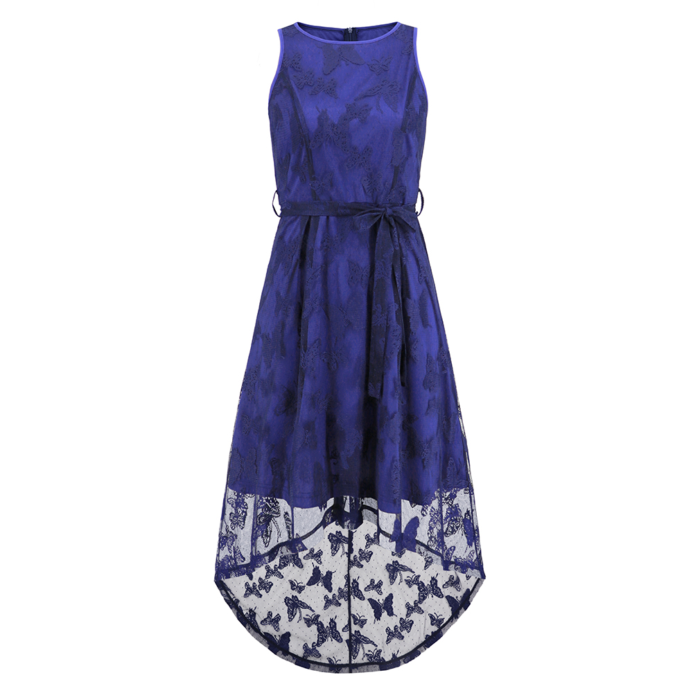 Women Butterfly Lace Sleeveless Tie Front Dress Lace-Mesh Irregular Sundress