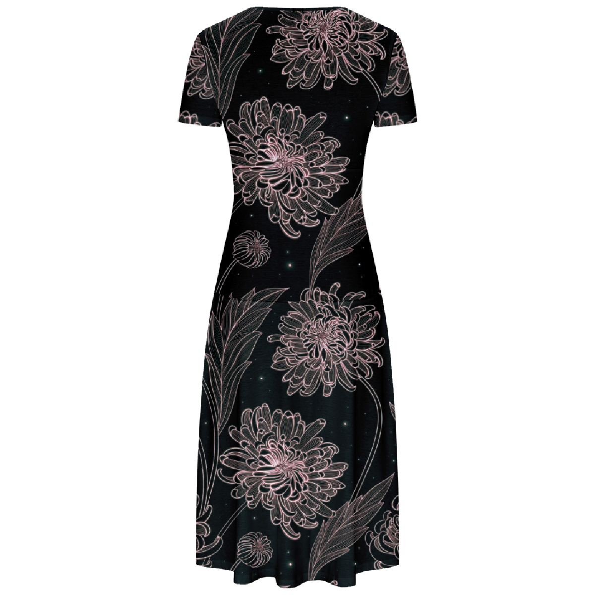 Chrysanthemum Long Dress Slim Waistline V-Neck Short Sleeve Allover Print Dress Casual