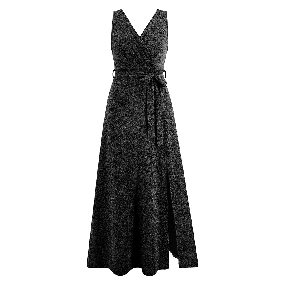 Women Split Thigh Long Dress Sleeveless V-Neckline Wrap Dress