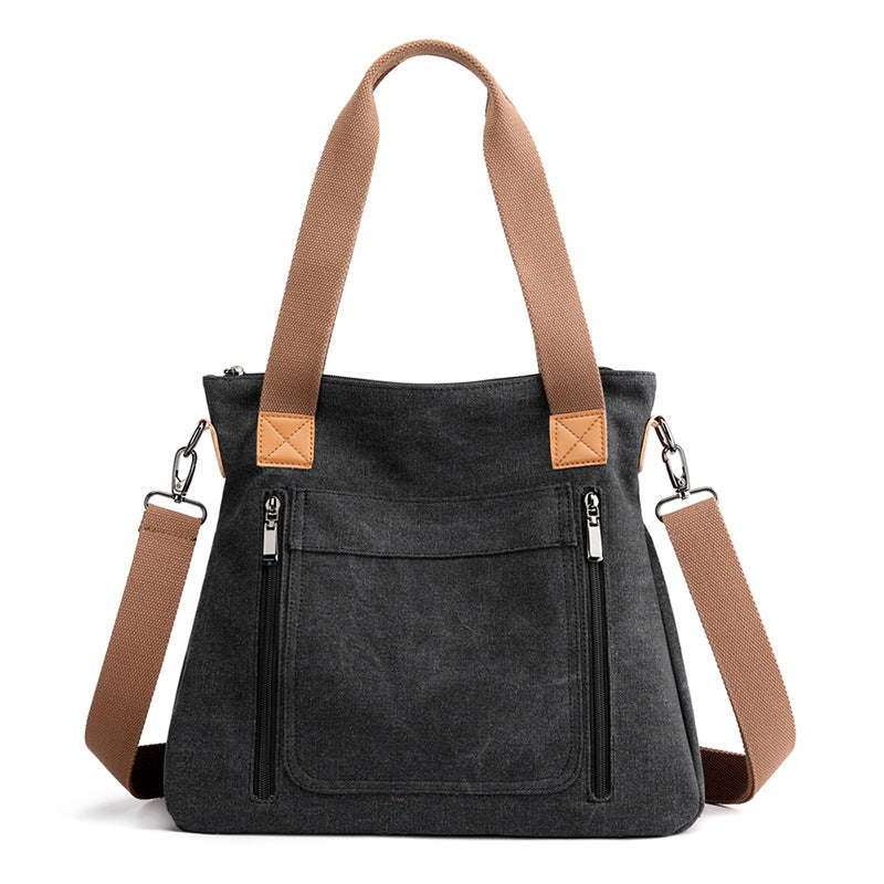 Women Plain Canvas Tote Bag with Zipper Outside Pockets Shoulder Bag