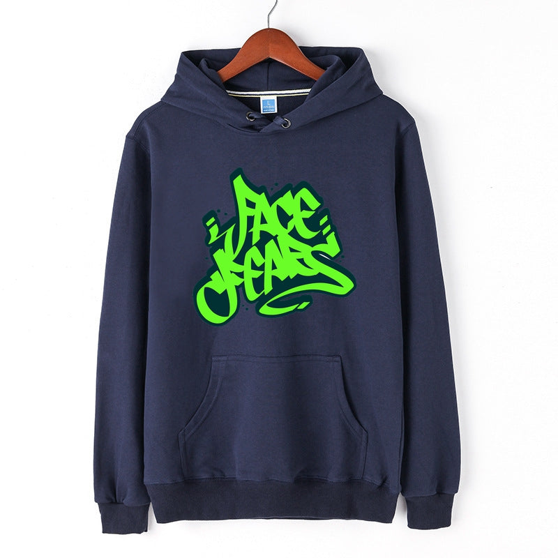 Graffiti Hoodie Letter Face Fears Print Pullover for Men Green Letter Print Tops