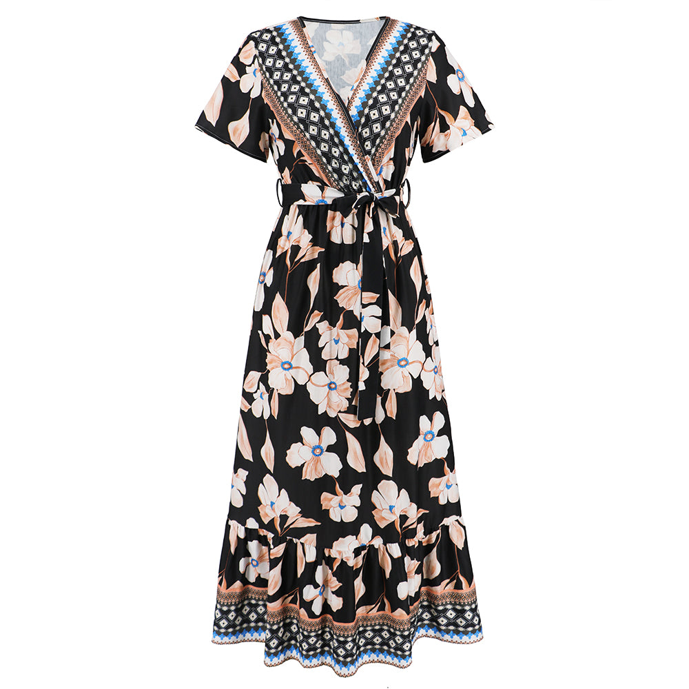 Women Floral Pleated Maxi Dress Short Sleeve V-Neckline