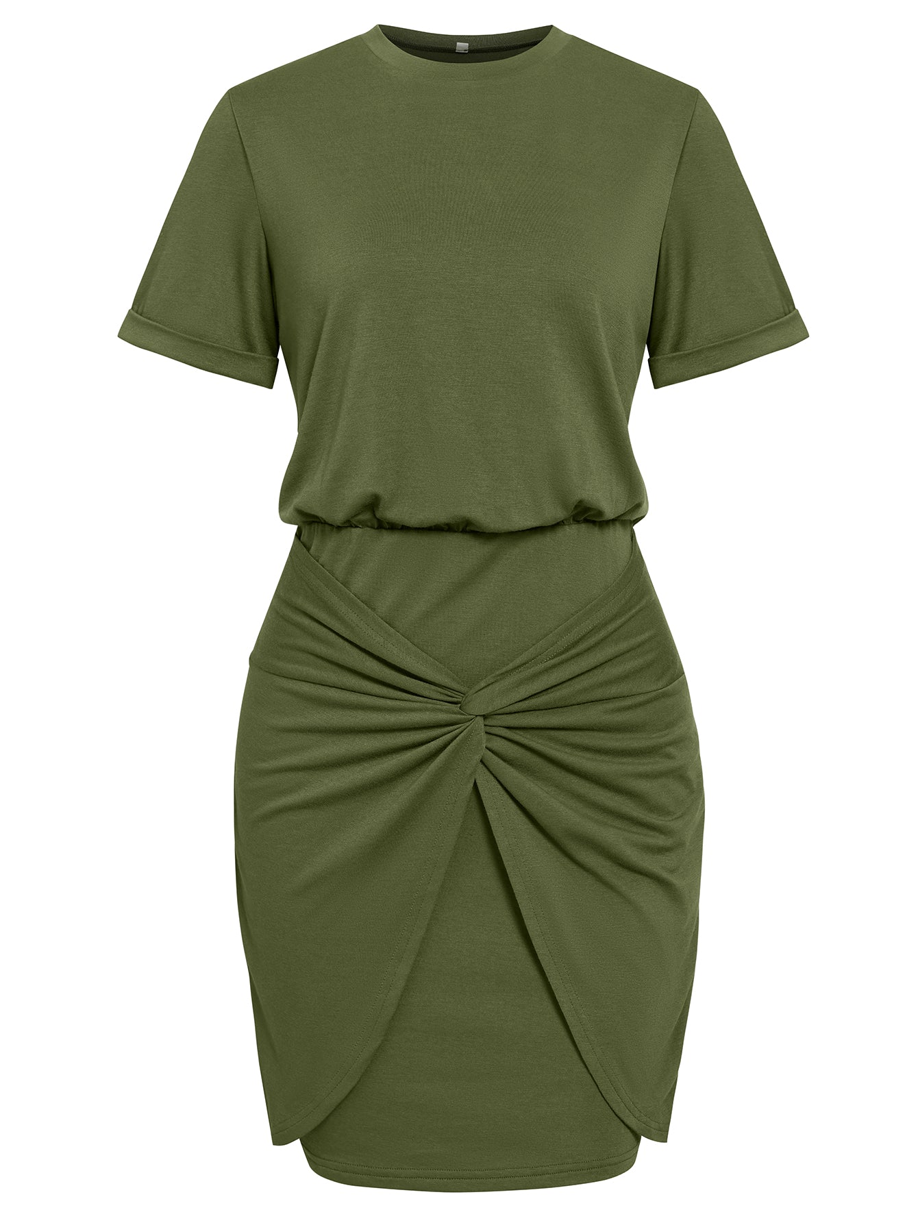 Women Short Sleeves Twisted Knot Ruched Wrap Mini Dress