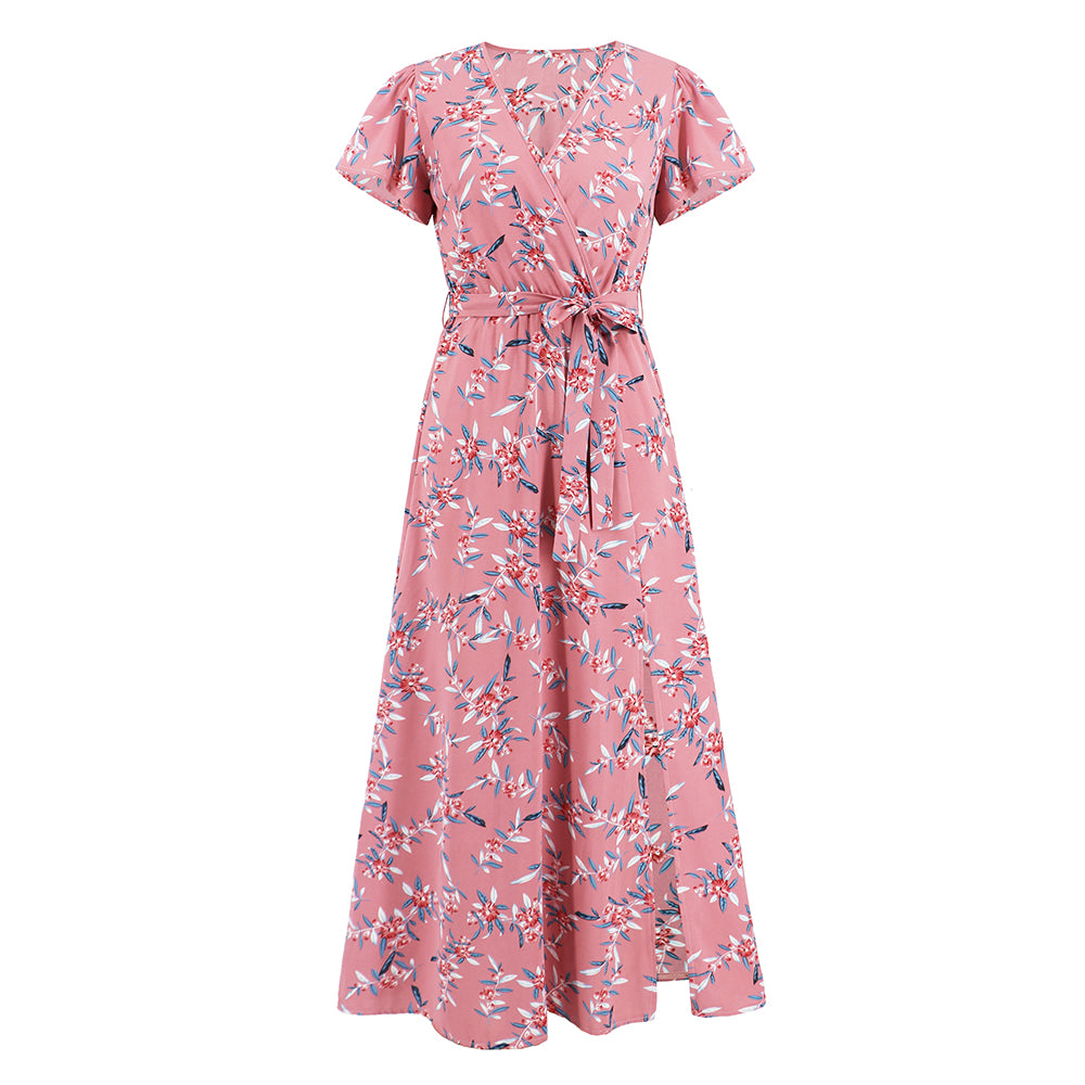 Women Short Sleeve Split Thigh Floral Long Dress V-Neckline
