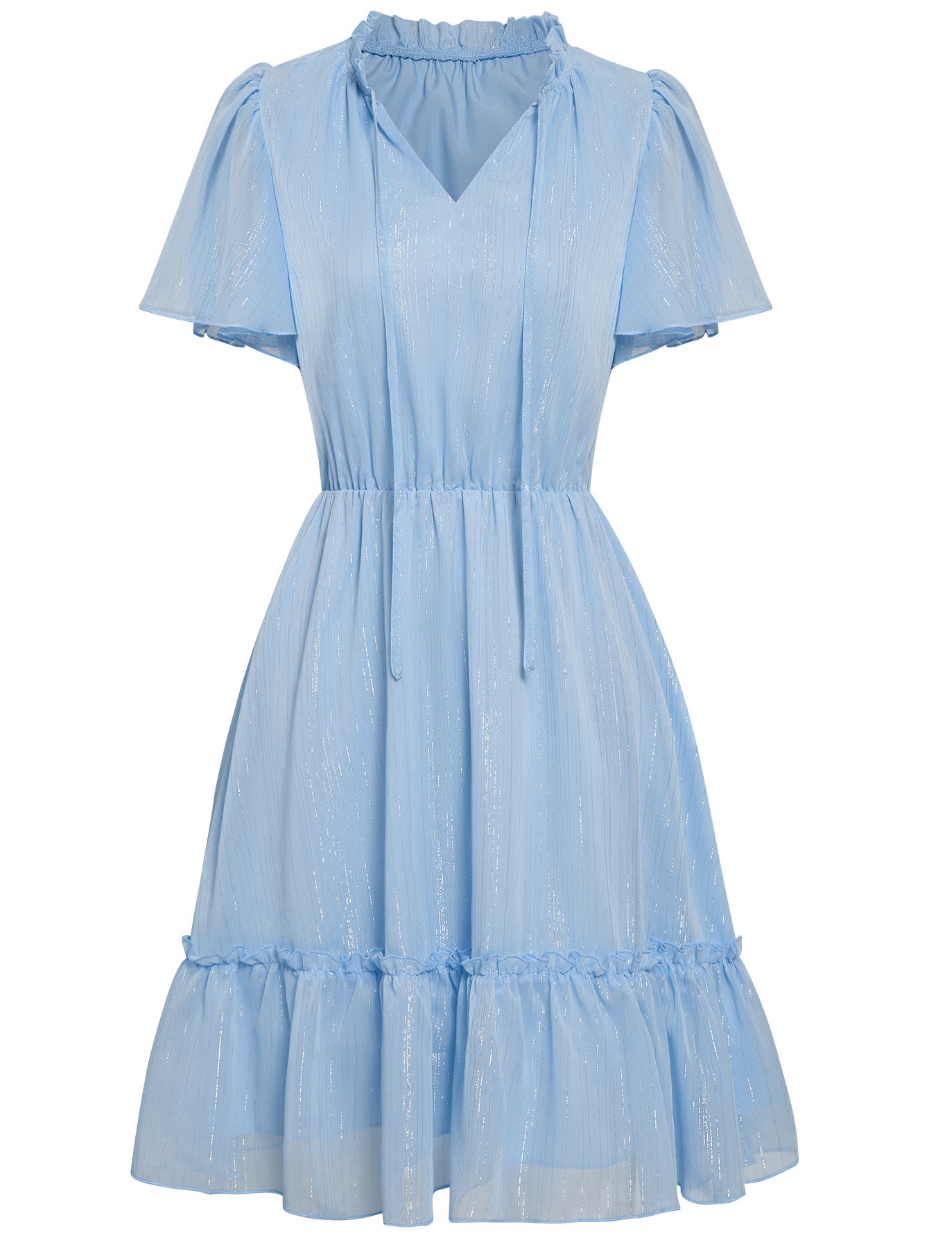 Women Ruffle Summer Dress V Neckline Short Sleeves Skirt