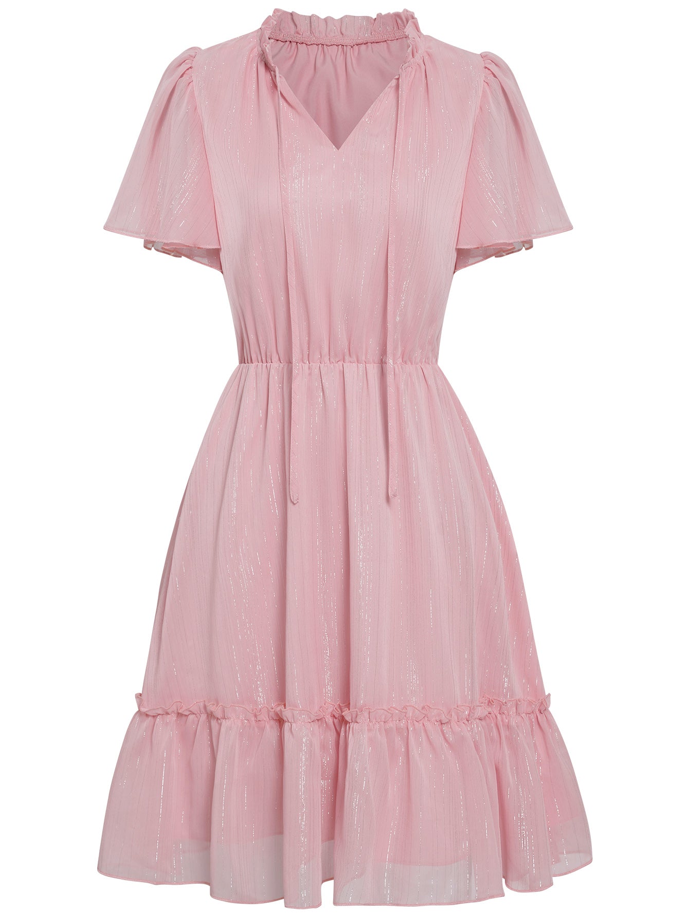 Women Ruffle Summer Dress V Neckline Short Sleeves Skirt