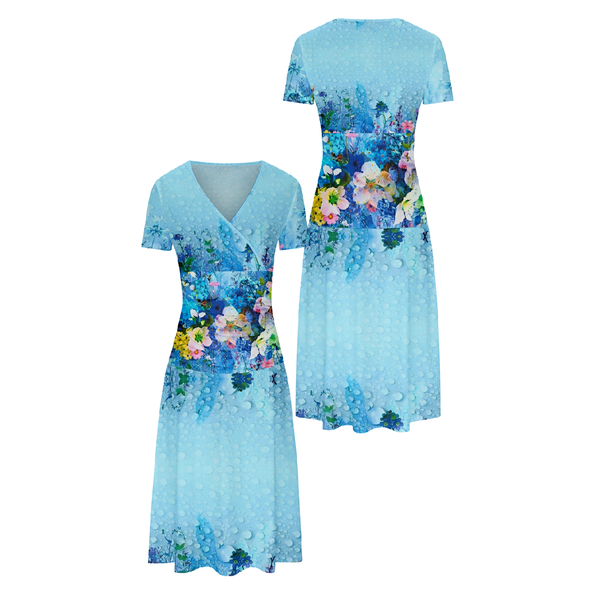 Women Flower Waterdrop Print Bodycon Dress Asymmetrical V-Neckline Short Sleeve