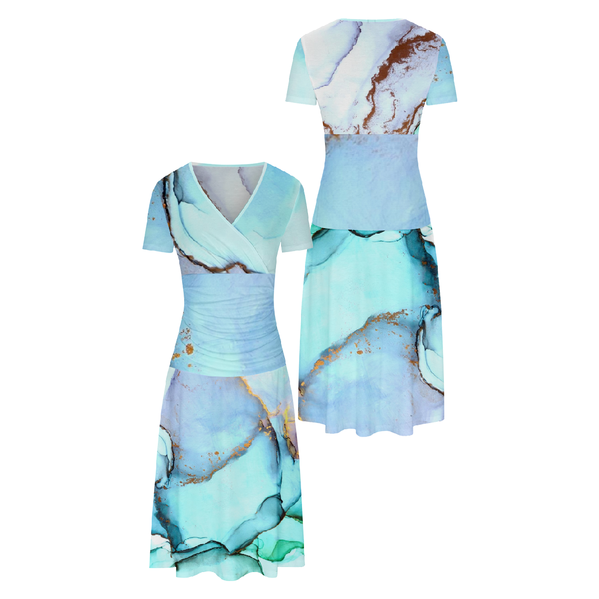 Women Cyan Bodycon Long Dress V Neck Short Sleeve Summer Dress