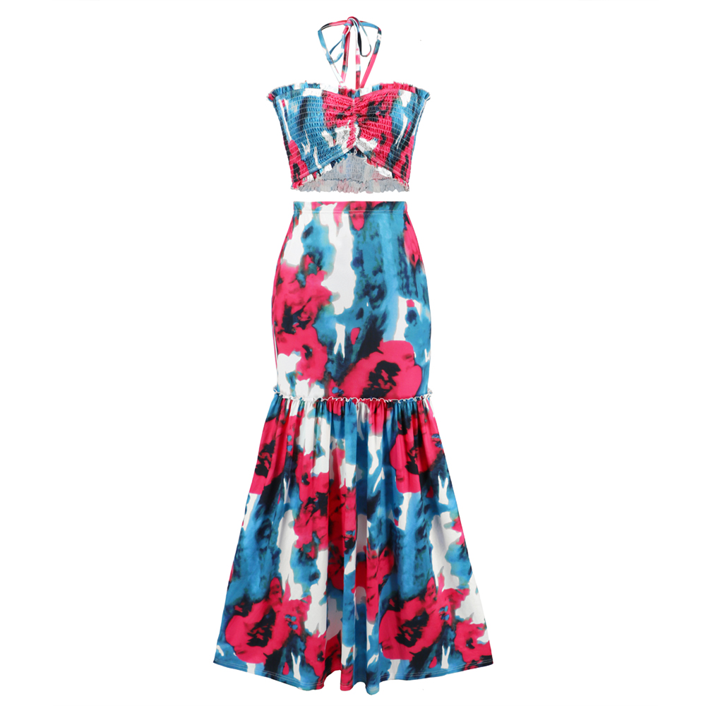 Women Two-Piece Bohemian Floral Print Dress Sleeveless Ruffle HEM
