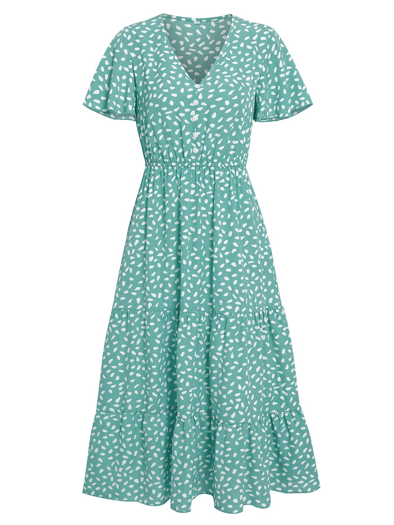 Women Polka Dot Summer Long Dress V Neckline Layered HEM High Waist