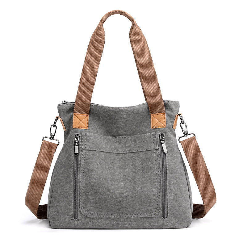 Women Plain Canvas Tote Bag with Zipper Outside Pockets Shoulder Bag