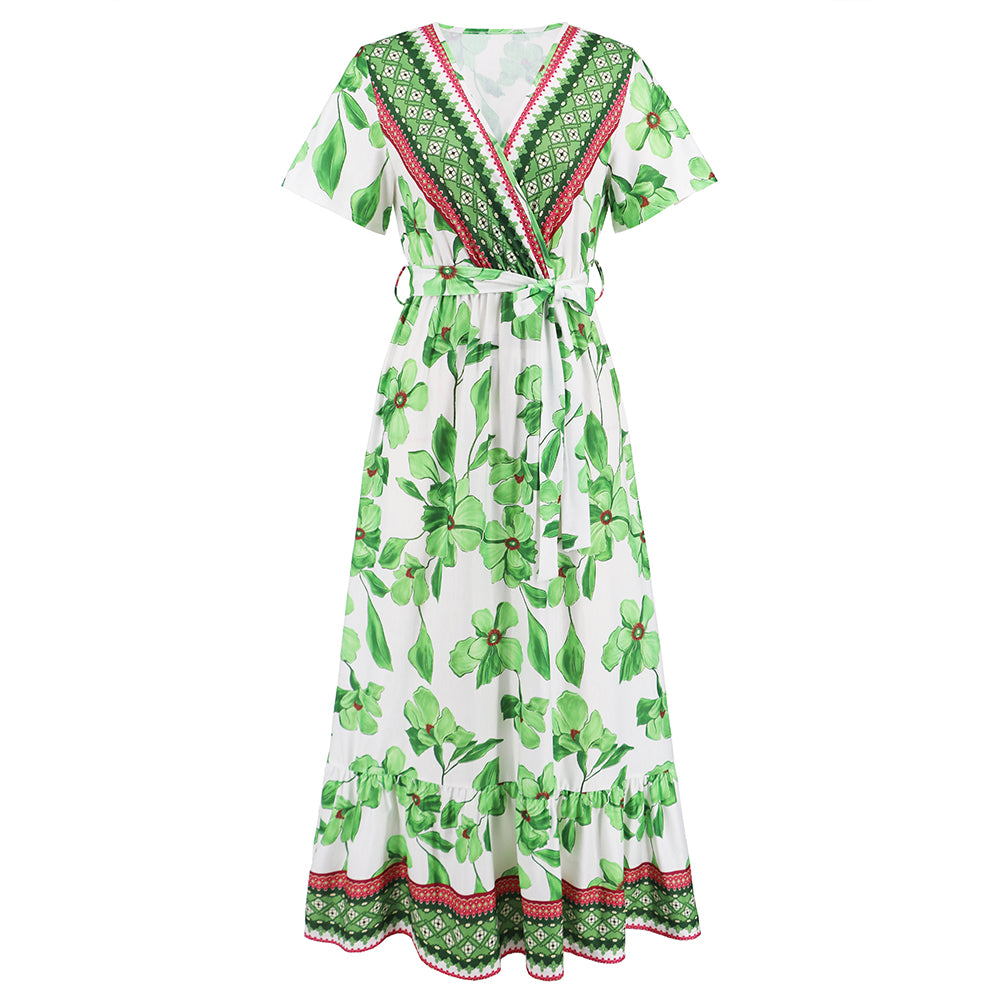 Women Floral Pleated Maxi Dress Short Sleeve V-Neckline