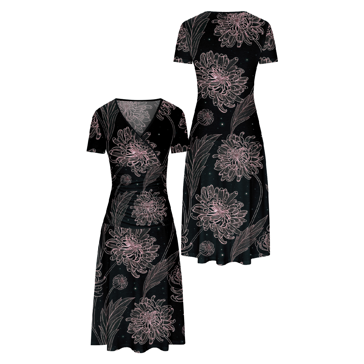 Chrysanthemum Long Dress Slim Waistline V-Neck Short Sleeve Allover Print Dress Casual