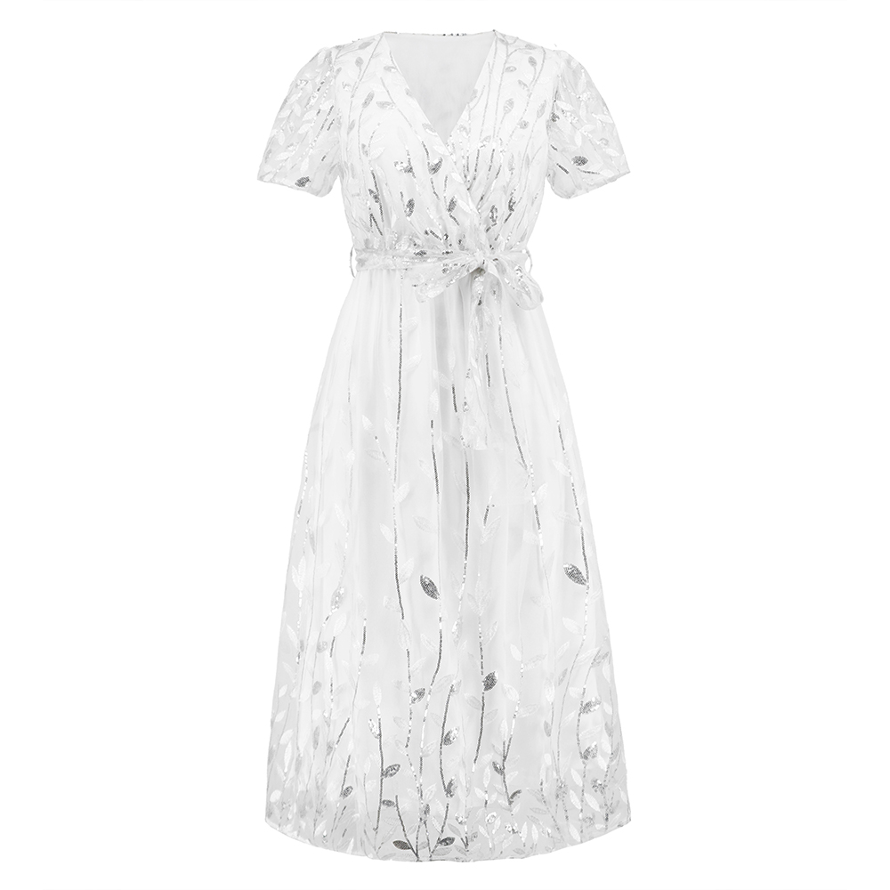 Women Floral Short Sleeve Tie Front Long Dress Lace Dress