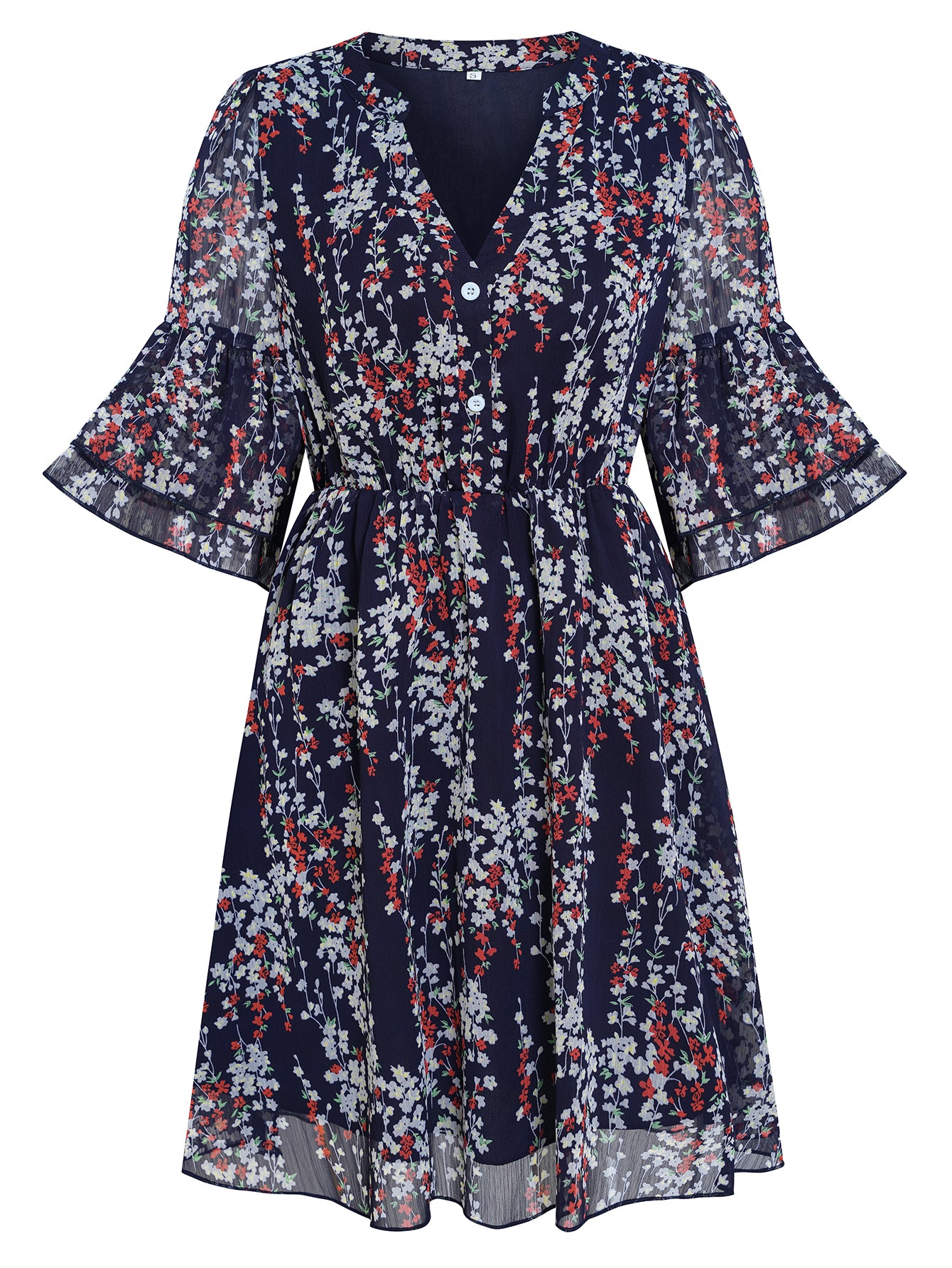 Women Floral Print Button Down Skirt Ruffle Sleeve V Neck Dress
