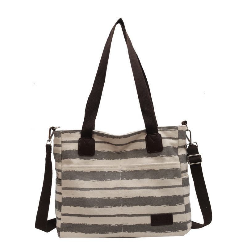 Women Striped Canvas Shoulder Bag Large Storage Handbags