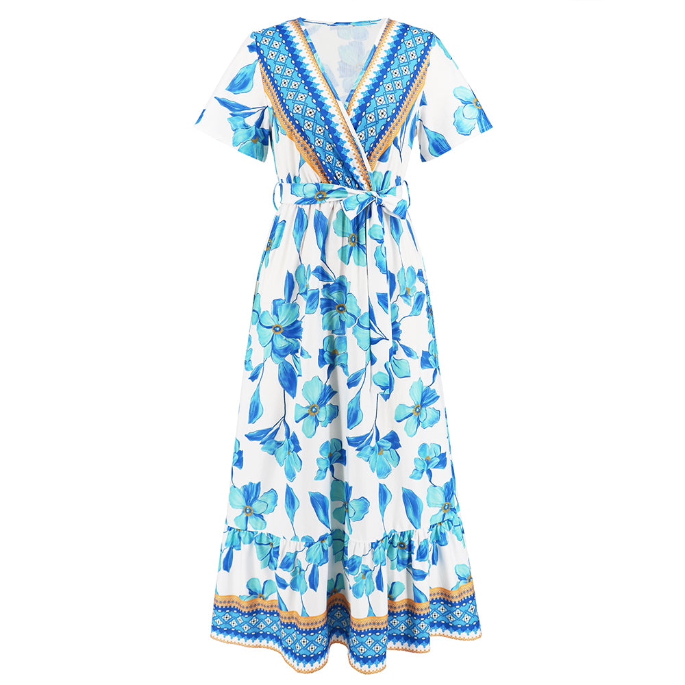 Women Floral Pleated Maxi Dress Short Sleeve V-Neckline