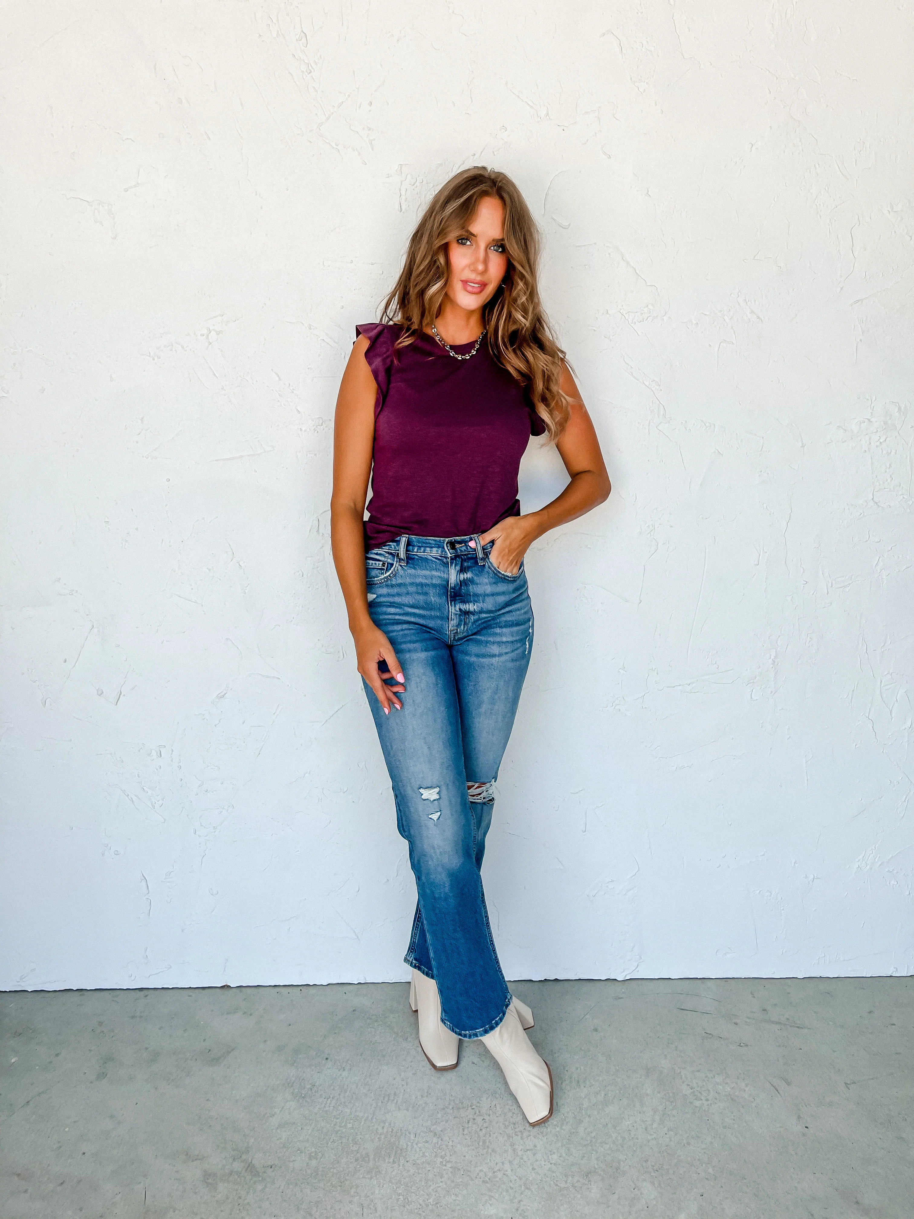 [Another Love] North Ruffle Trim Top-Prune