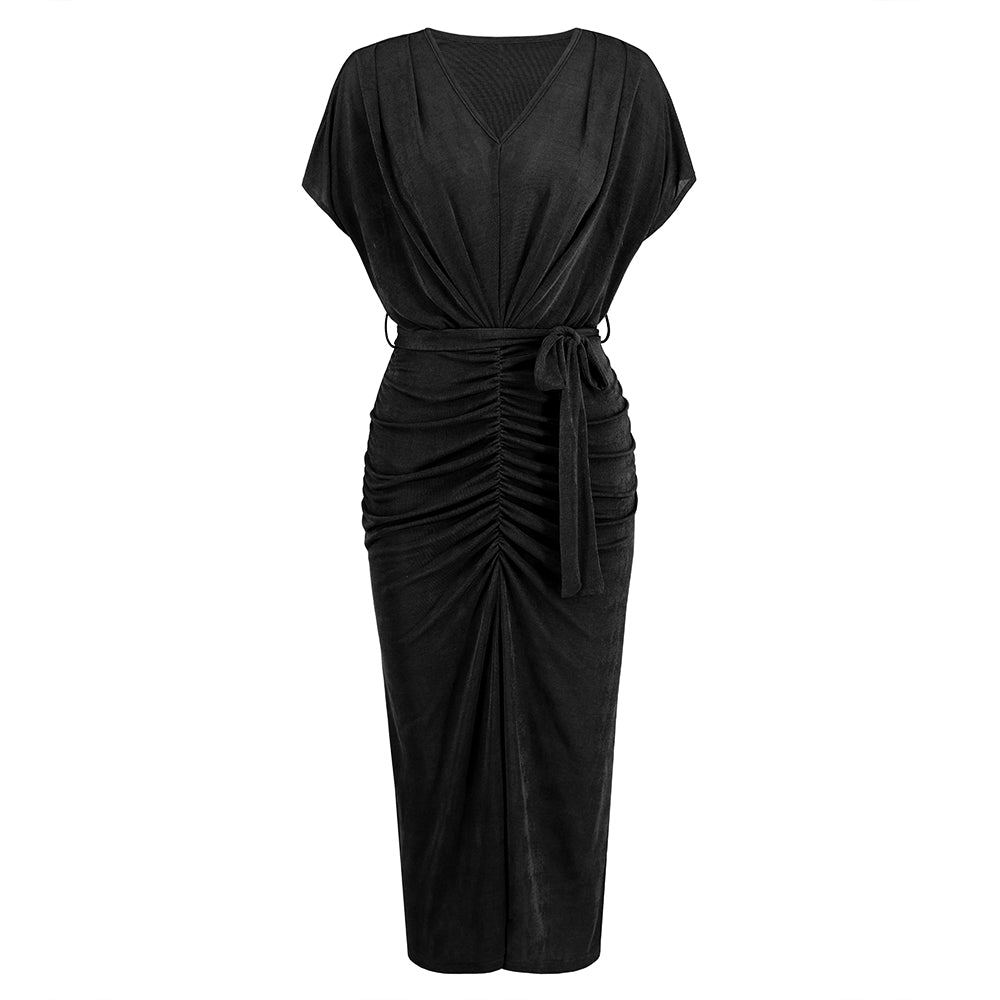 Women Formal Wrap Dress Short Sleeves Bodycon V-Neckline