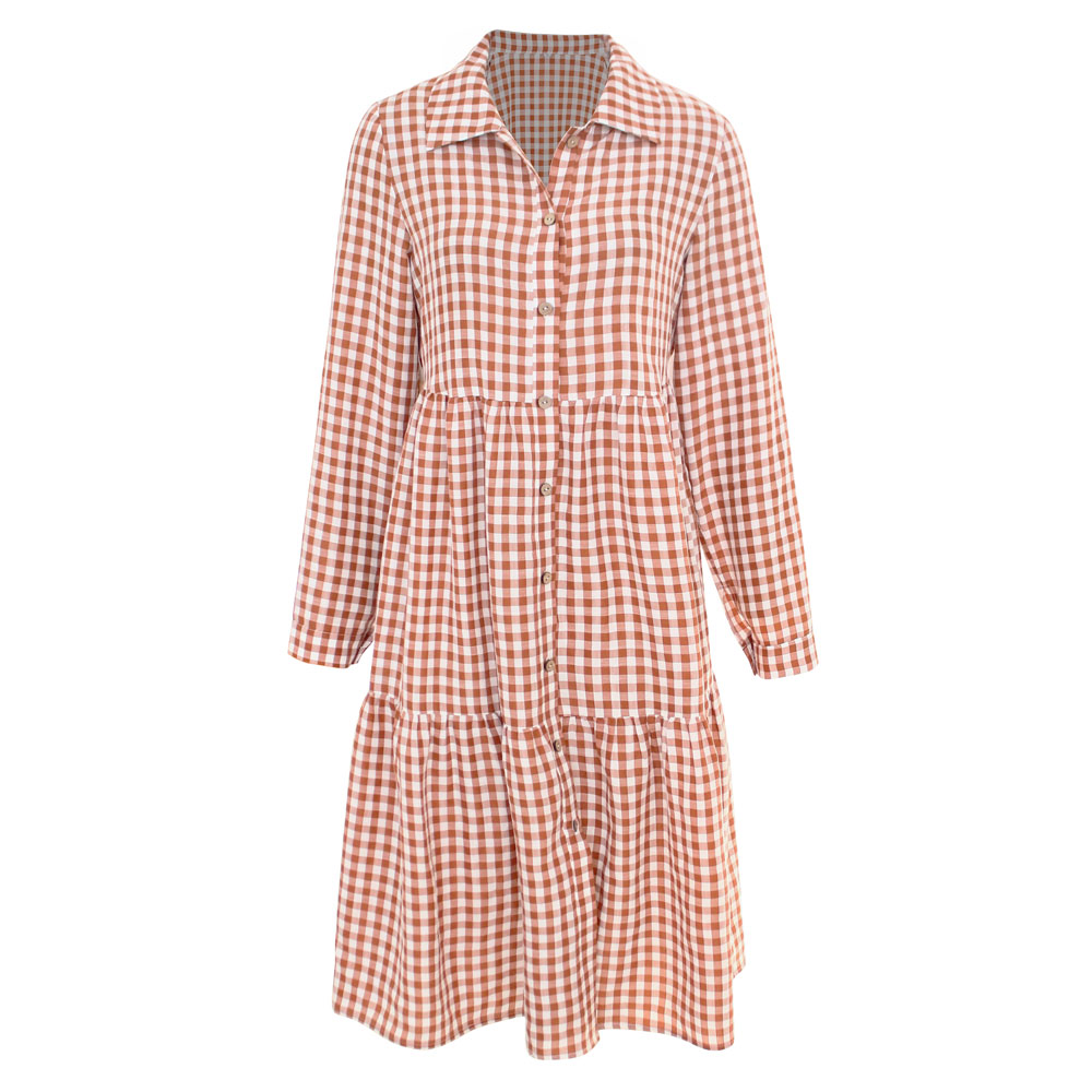 Women Striped Button Down Long Dress with Long Sleeves Ruffle HEM