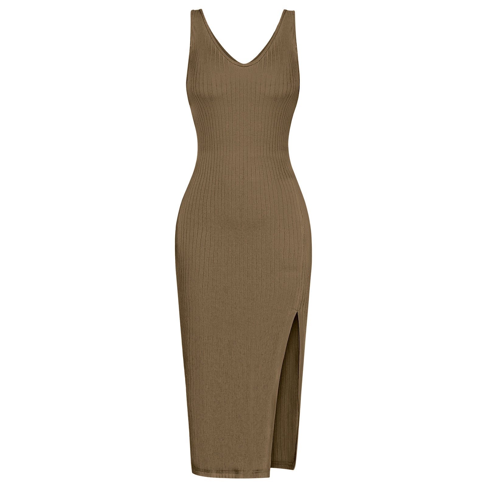 Women Bodycon Midi Sweater Dress V-neck Split Dress Knitted