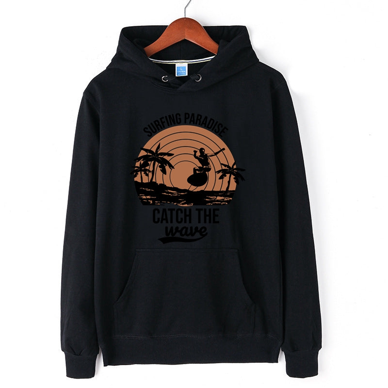 Surfing Paradise Graphic Print Hoodie Catch the Wave Letter Print Pullover for Men