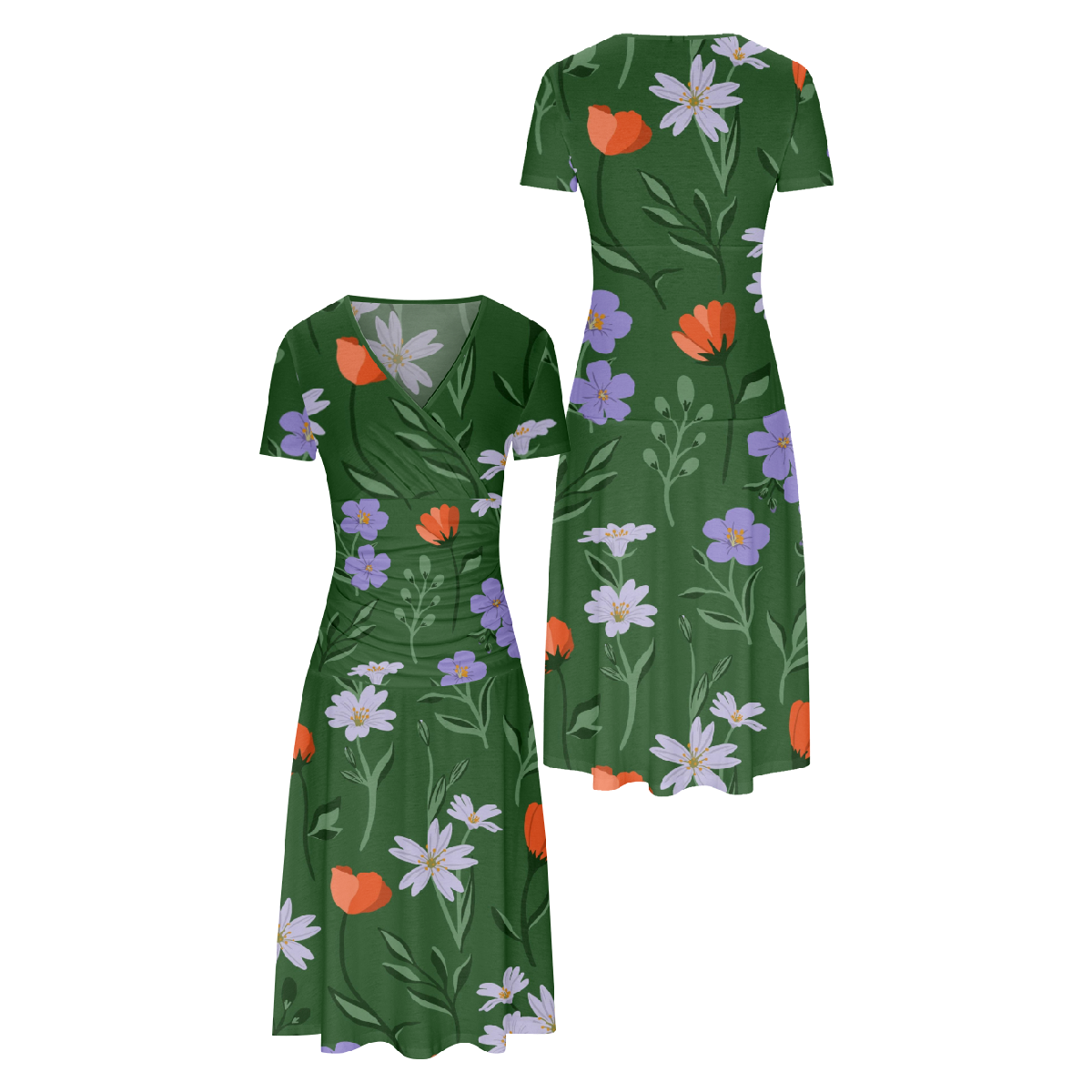 Women Flower Allover Print Slim Waistline Dress V Neckline Short Sleeve Long Dress