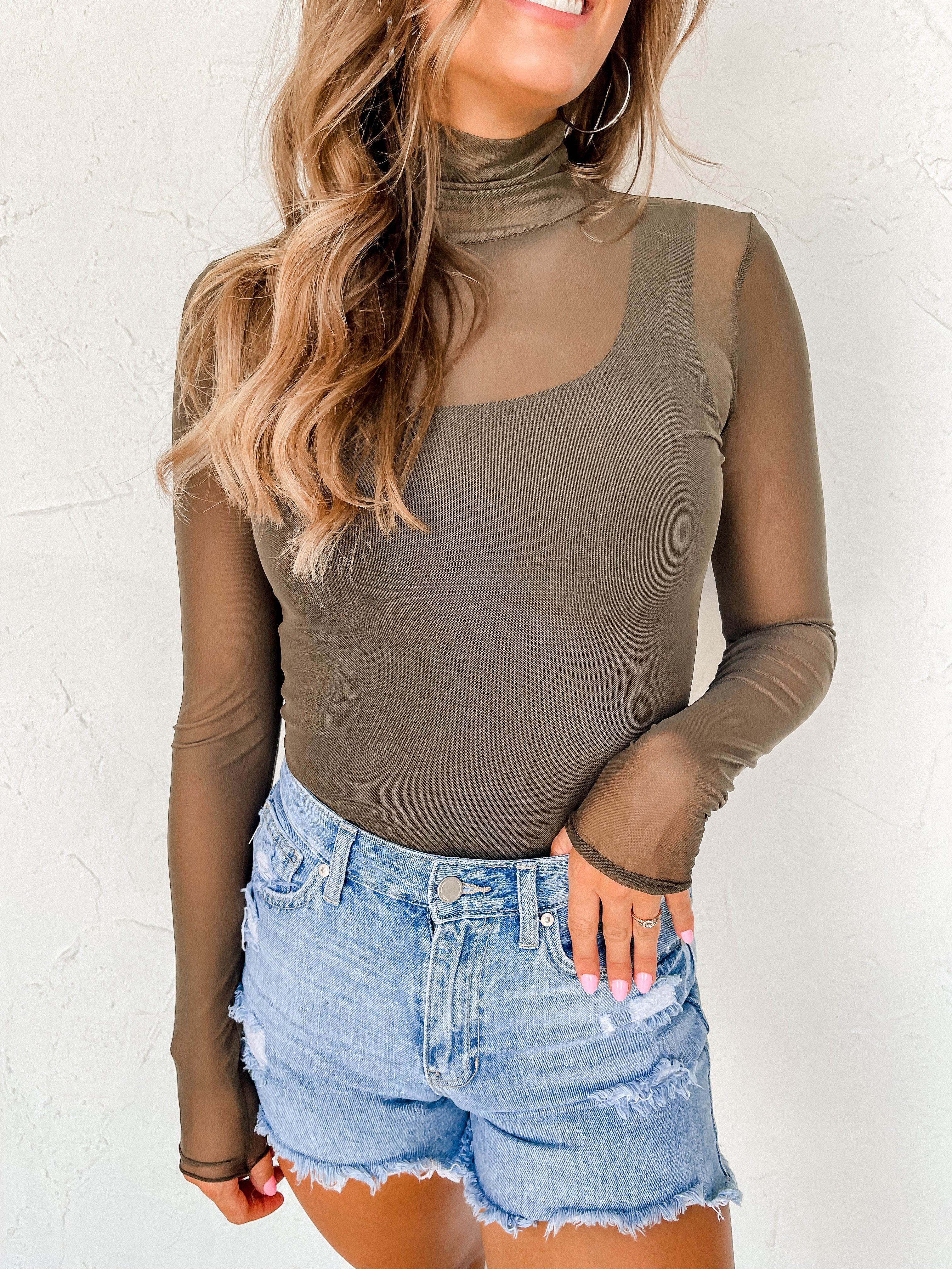 Pulling It Together Mesh Turtleneck Top-Olive