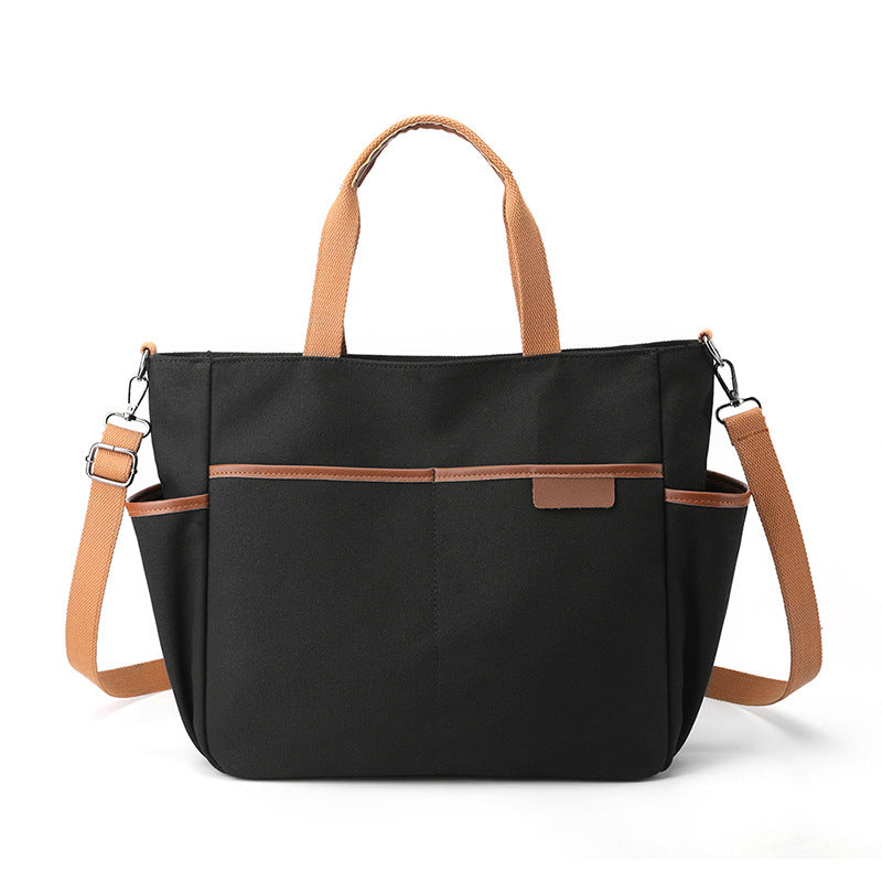 Women Plain Canvas Shoulder Bag with Side Pockets Multiple Functions Bag