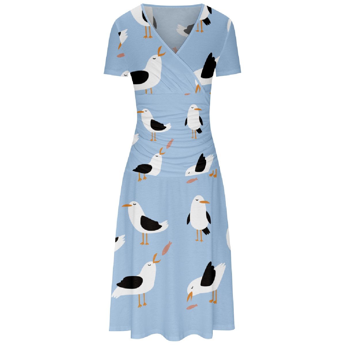 Women Seagull Print Bodycon Dress V Neckline Short Sleeve Summer Dress
