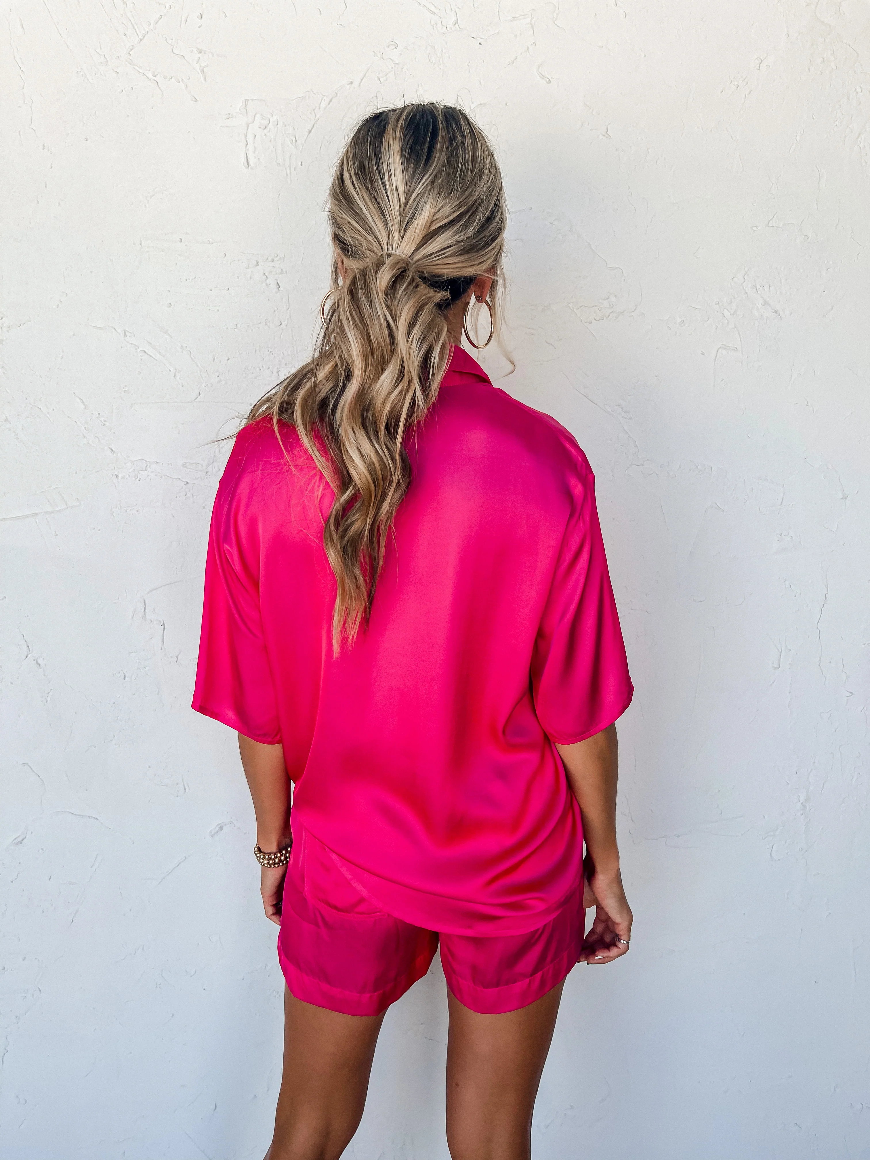 Plain As Day Satin Button Front Top-Pink