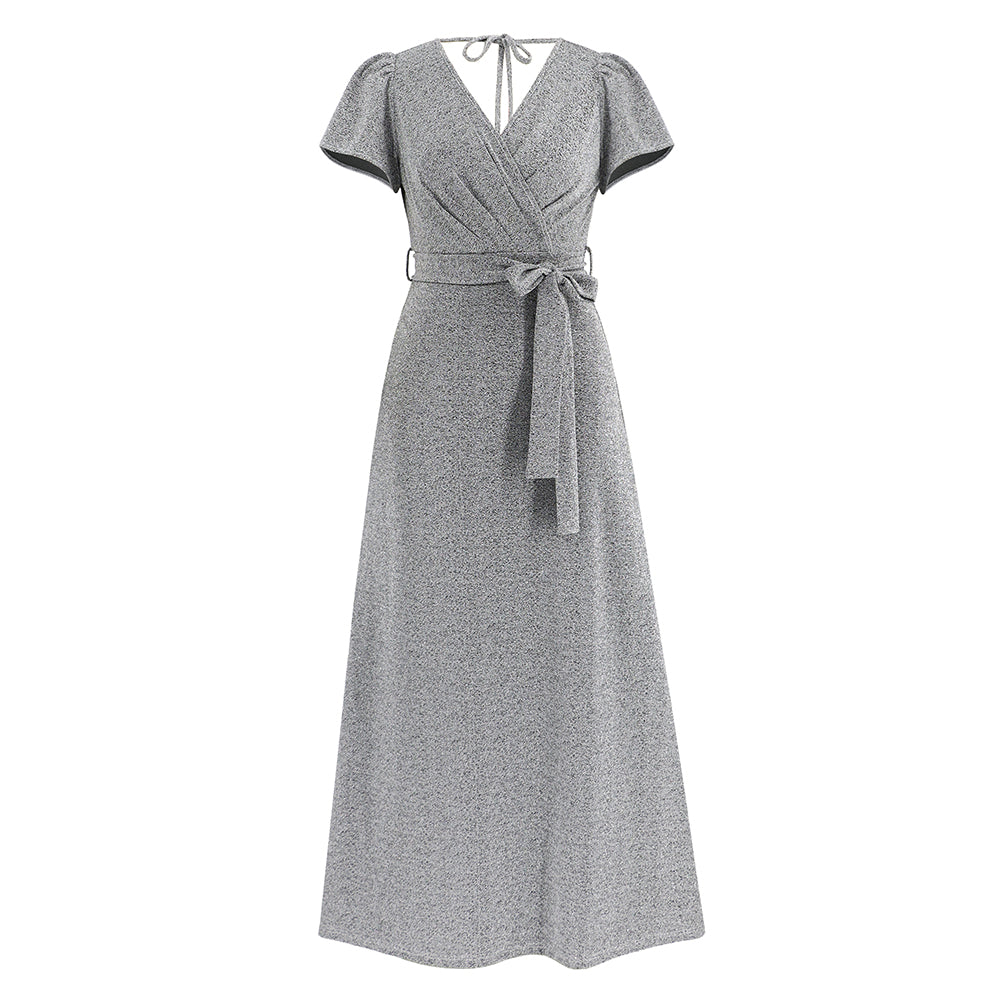 Women Short Sleeves V-Neckline Wrap Long Dress Solid Color