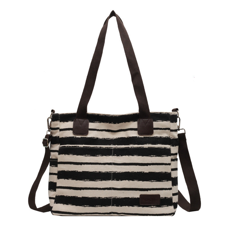 Women Striped Canvas Shoulder Bag Large Storage Handbags