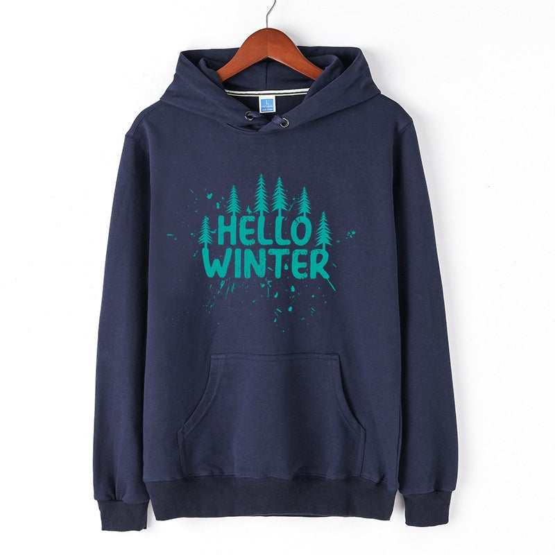 Hello Winter Hoodie Snow and Forest Graphic Print Sweatshirt Cotton Merch