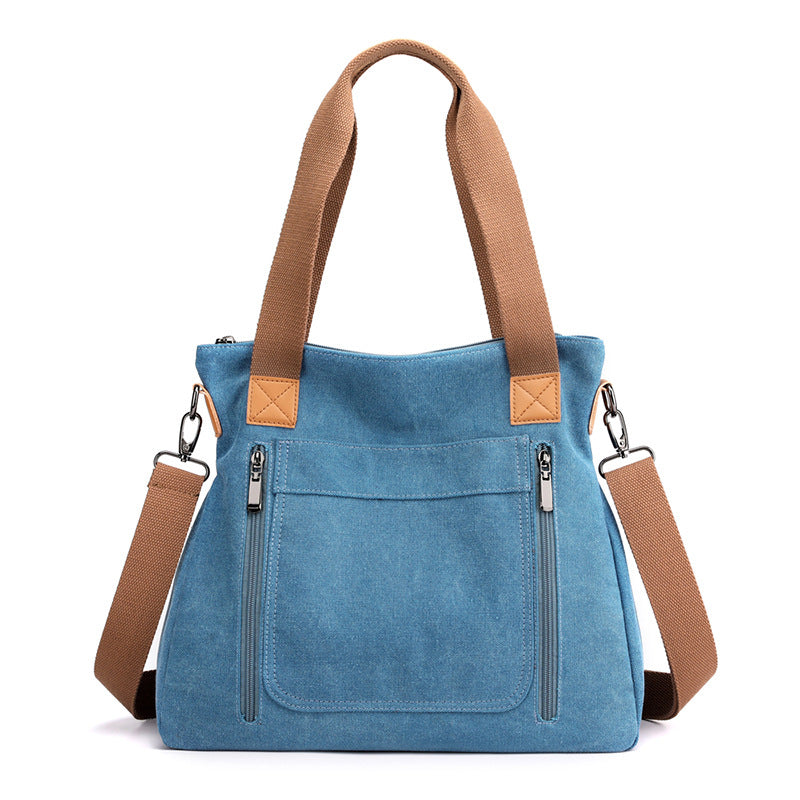 Women Plain Canvas Tote Bag with Zipper Outside Pockets Shoulder Bag