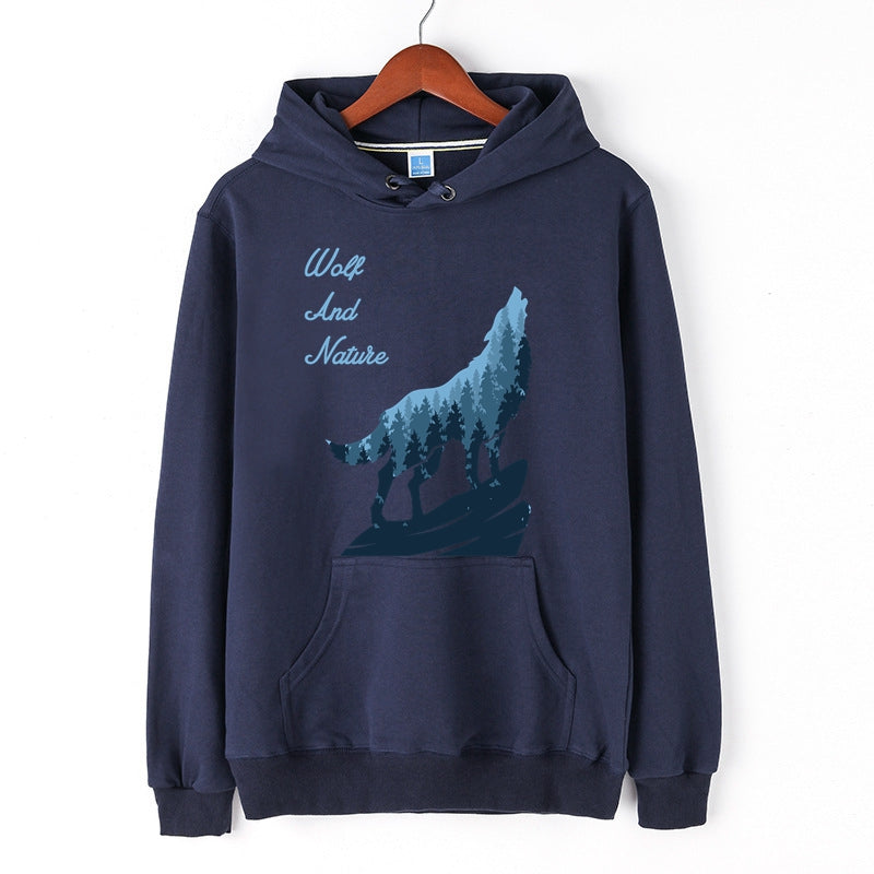 Wolf Long Sleeve Hooded Sweatshirt for Men Wolf and Nature Graphic Print Pullover