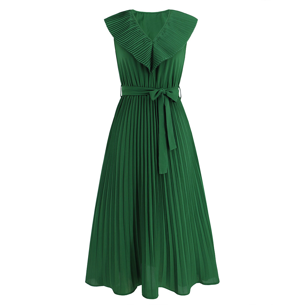 Women Pleated Flowy Dress Sleeveless V-Neckline Wrap Dress
