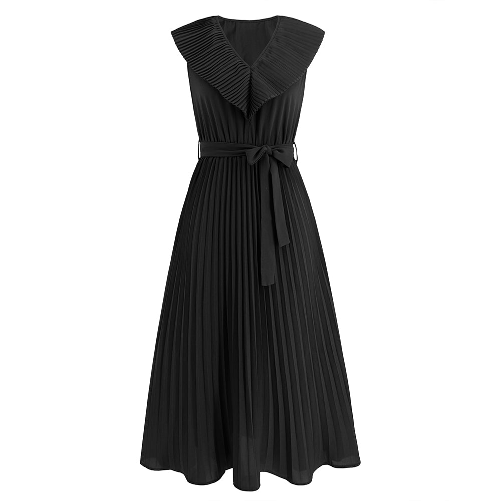 Women Pleated Flowy Dress Sleeveless V-Neckline Wrap Dress