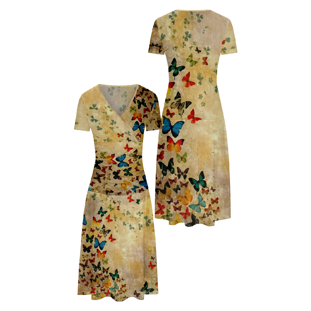 Women Butterfly Retro Bodycon Dress V Neck Short Sleeve Summer Long Dress