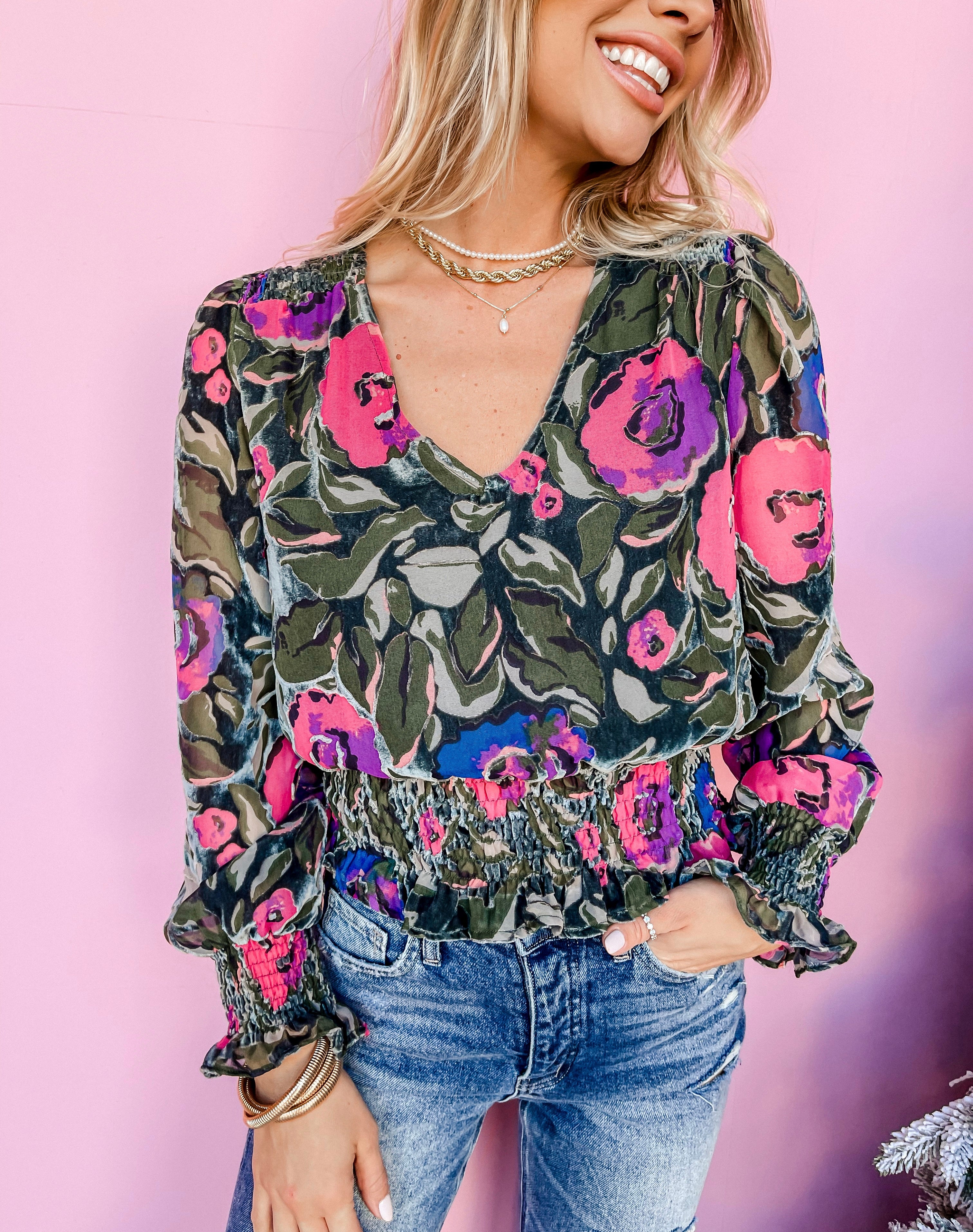 [Another Love] Candice Velvet Burnout Top-Trellis Roses