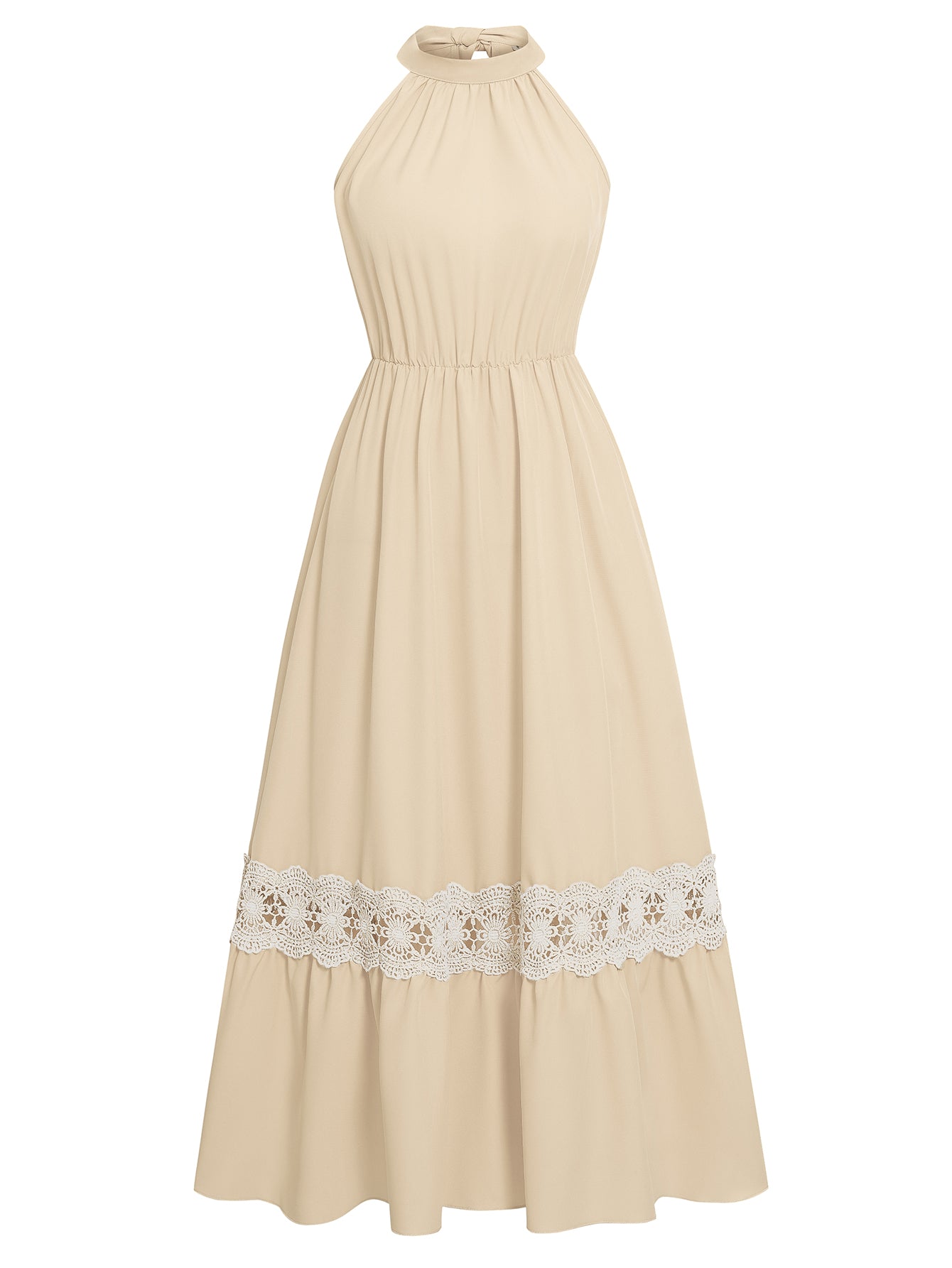 Women Halterneck Sleeveless Long Dress Lace HEM High Waist