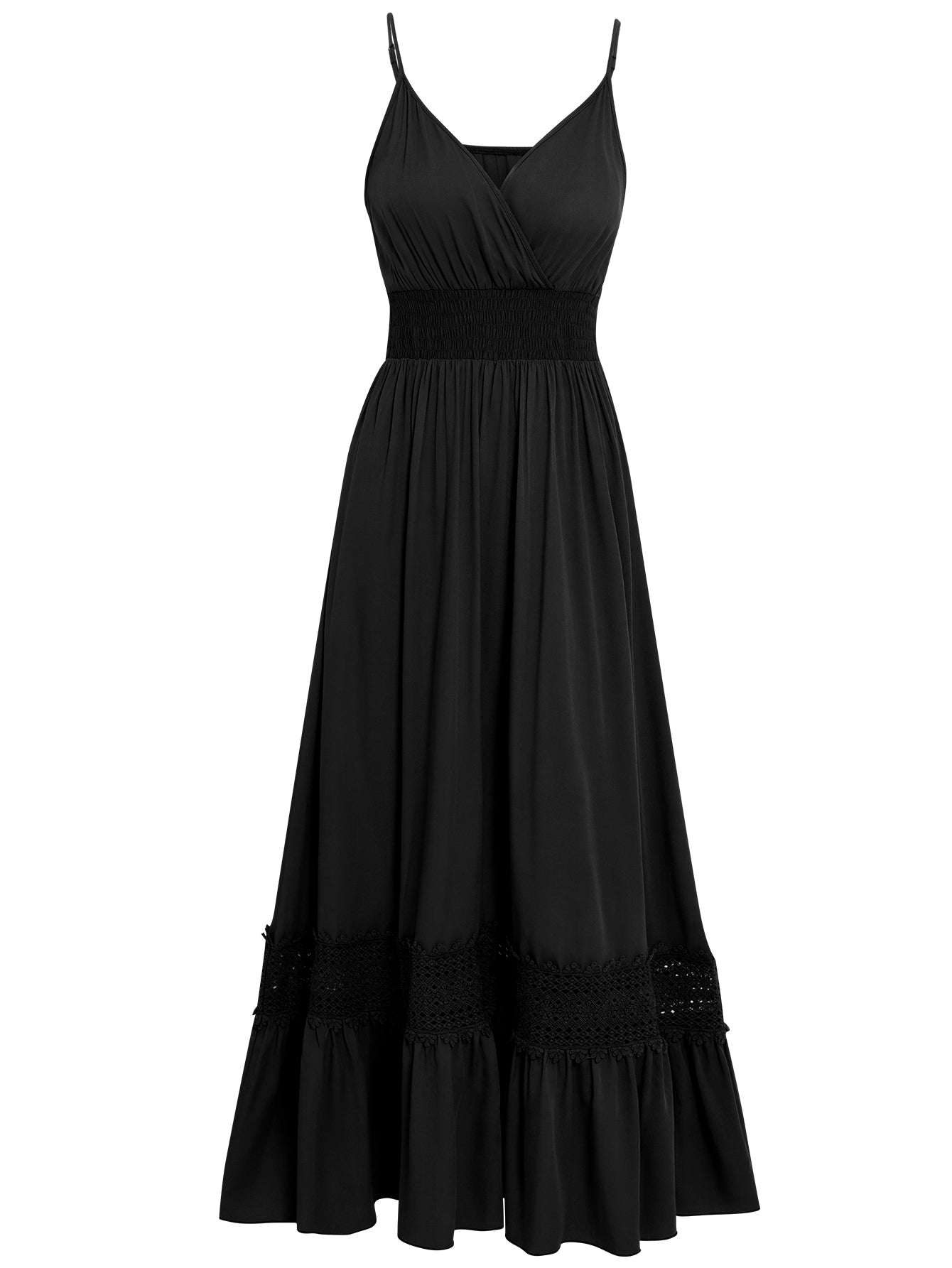 Women Plunge Long Dress Lace Inserted HEM High Waist