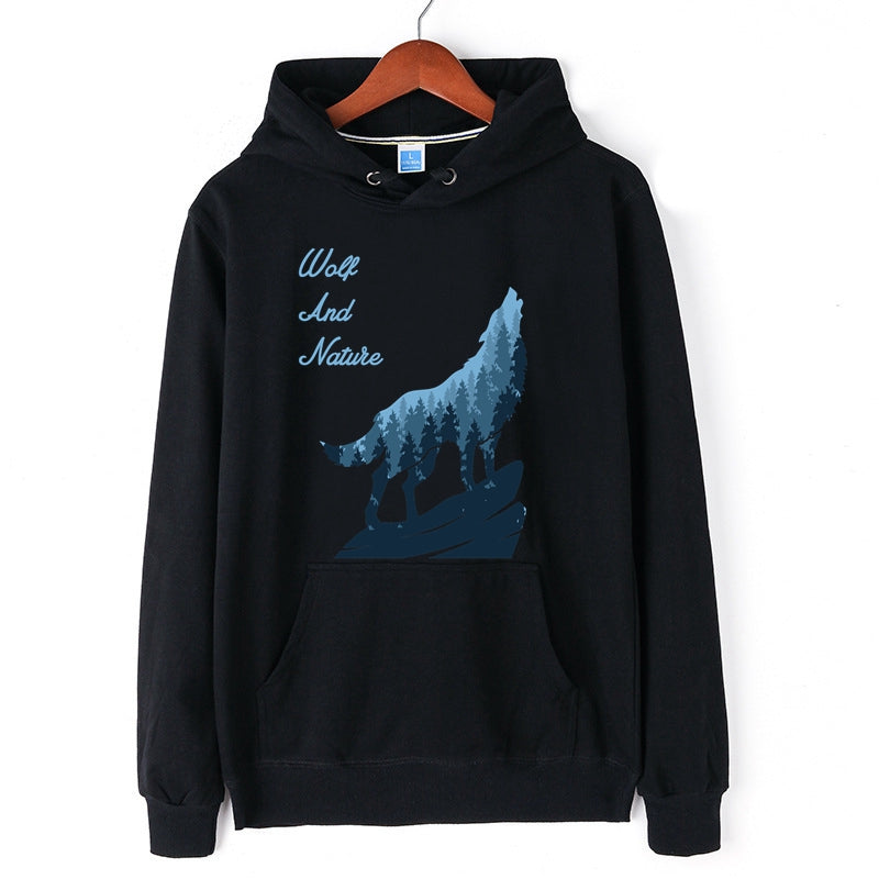 Wolf Long Sleeve Hooded Sweatshirt for Men Wolf and Nature Graphic Print Pullover