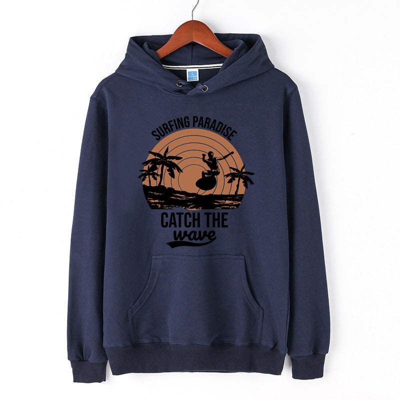 Surfing Paradise Graphic Print Hoodie Catch the Wave Letter Print Pullover for Men