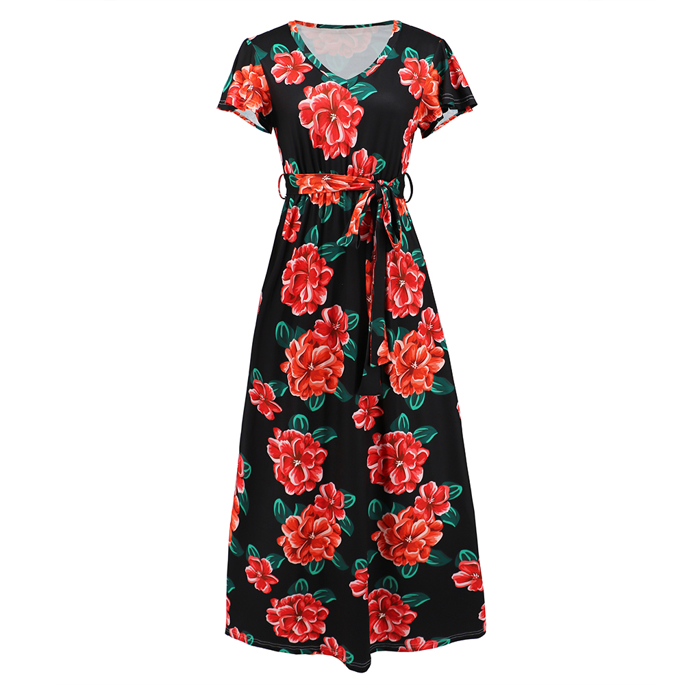 Women Rose Flower Print V Neck Long Dress Short Sleeves Floral Sundress