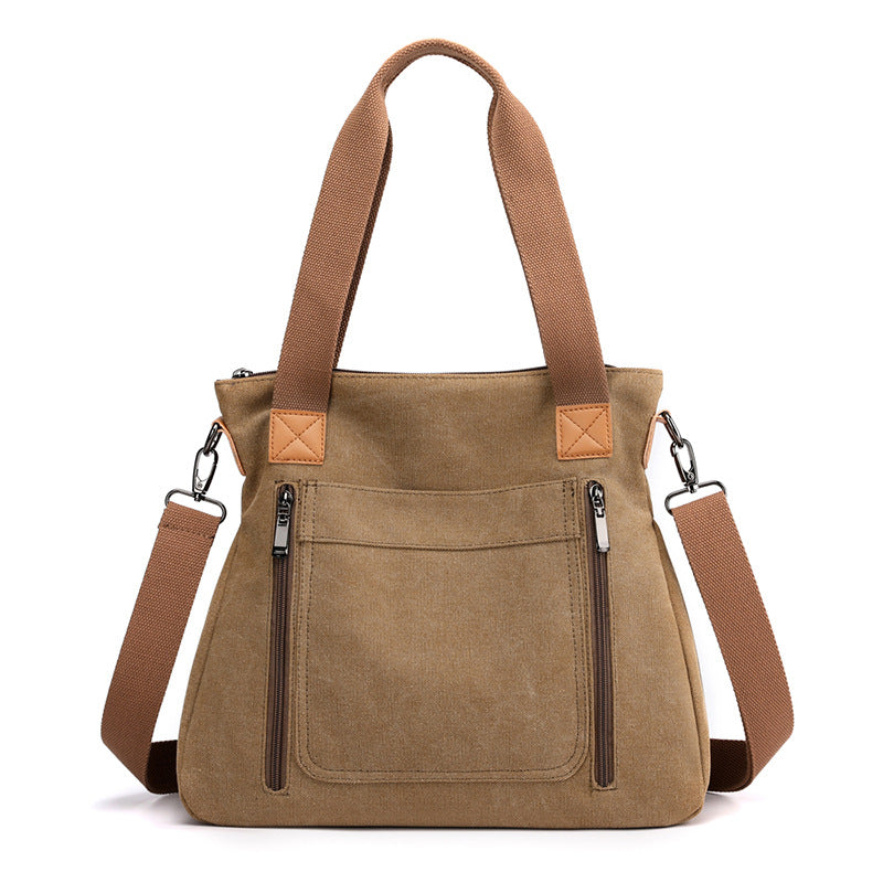 Women Plain Canvas Tote Bag with Zipper Outside Pockets Shoulder Bag