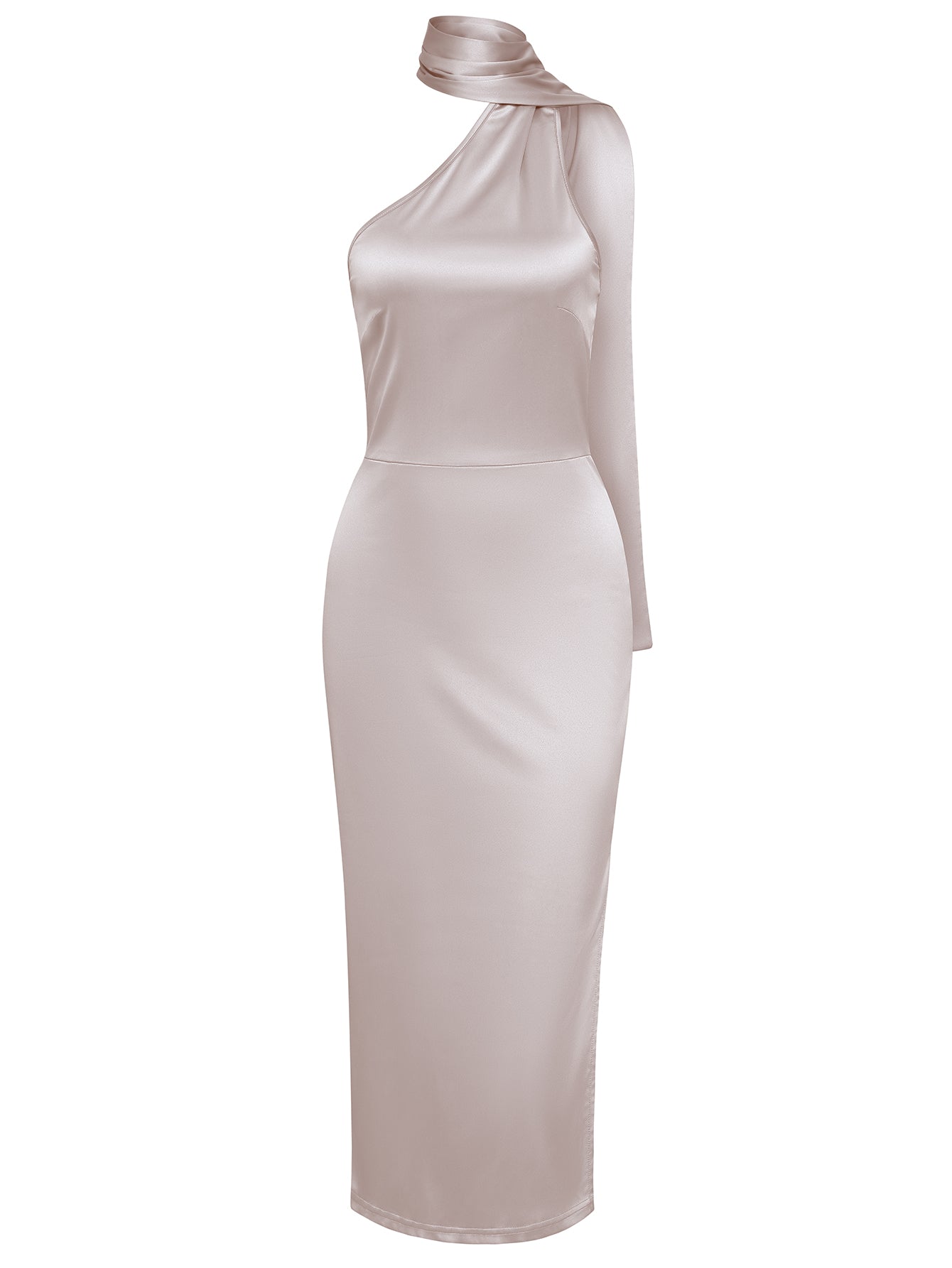 Women Mock Neck Scarf Asymmetrical Midi Dress Split Thigh